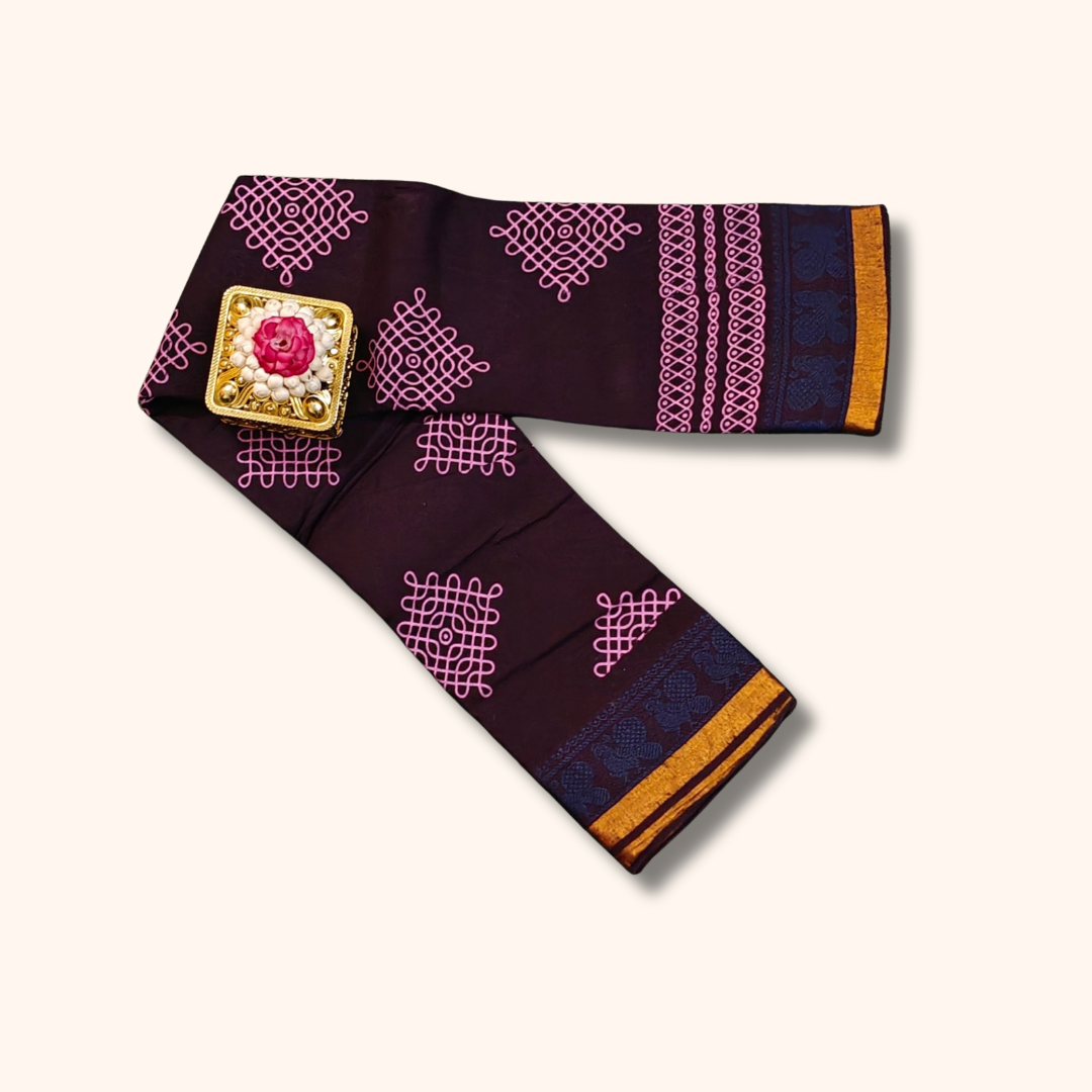 Deep Plum Sungudi Cotton Saree with Pink Kolam Motifs & Dual Tone Zari Border