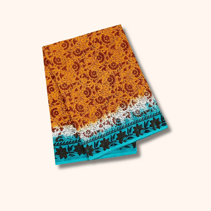 Mustard Yellow Floral Printed Cotton Saree with Turquoise Blue Border