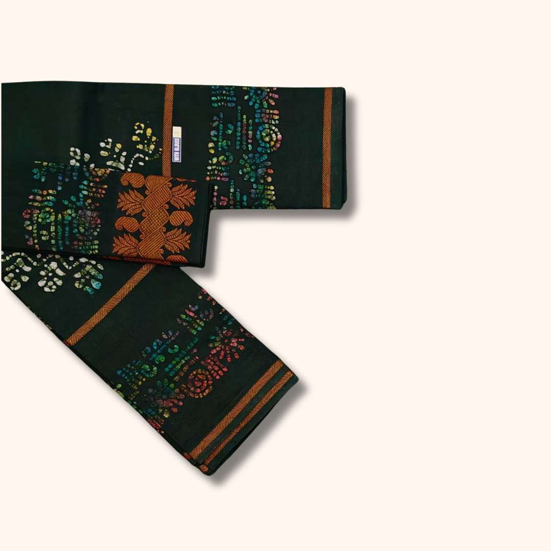 Dark Green Sungudi Cotton Saree with Multicolor Batik Floral Design & Matching Blouse Piece