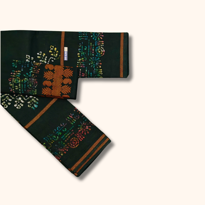 Dark Green Sungudi Cotton Saree with Multicolor Batik Floral Design & Matching Blouse Piece