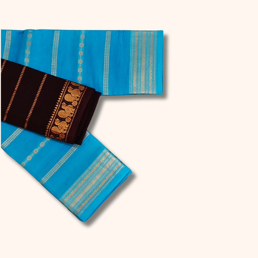 Sky Blue Sungudi Cotton Saree with Maroon Peacock Border Blouse
