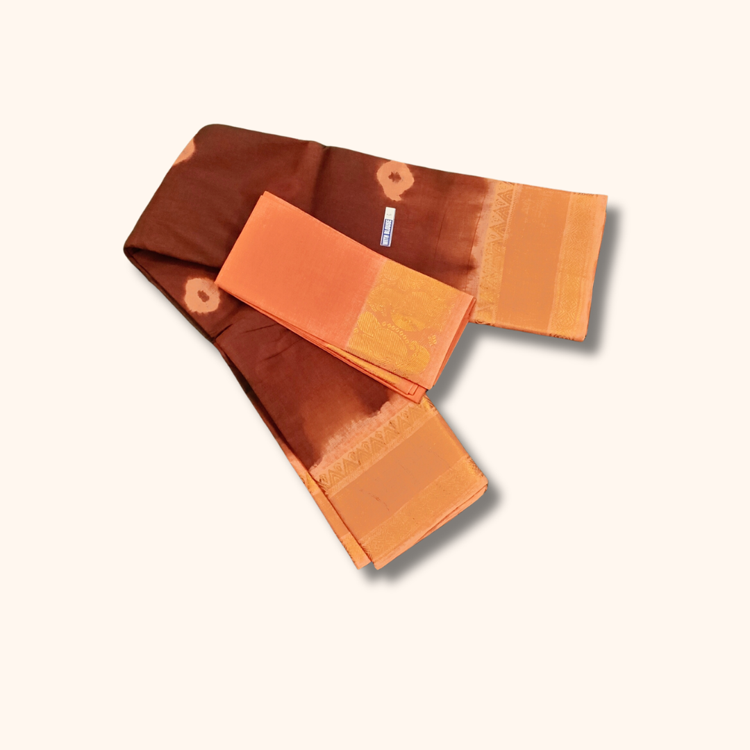Brown & Peach Cotton Saree with Zari Border and Separate Blouse Piece