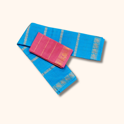 Turquoise Blue & Pink Cotton Saree with Gold Zari Checks & Peacock Border – Separate Blouse