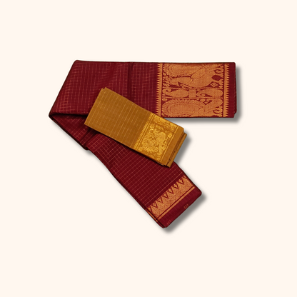 Maroon Sungudi Cotton Saree with Gold Zari Peacock Border & Mustard Separate Blouse