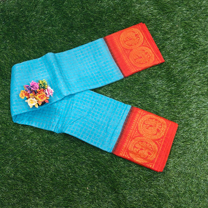 Authentic Sky Blue Checked Cotton Saree with Contrast Zari Border