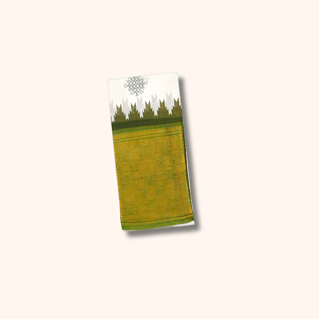 White & Olive Green Traditional Sungudi Cotton Saree with Designer Green Zari Border