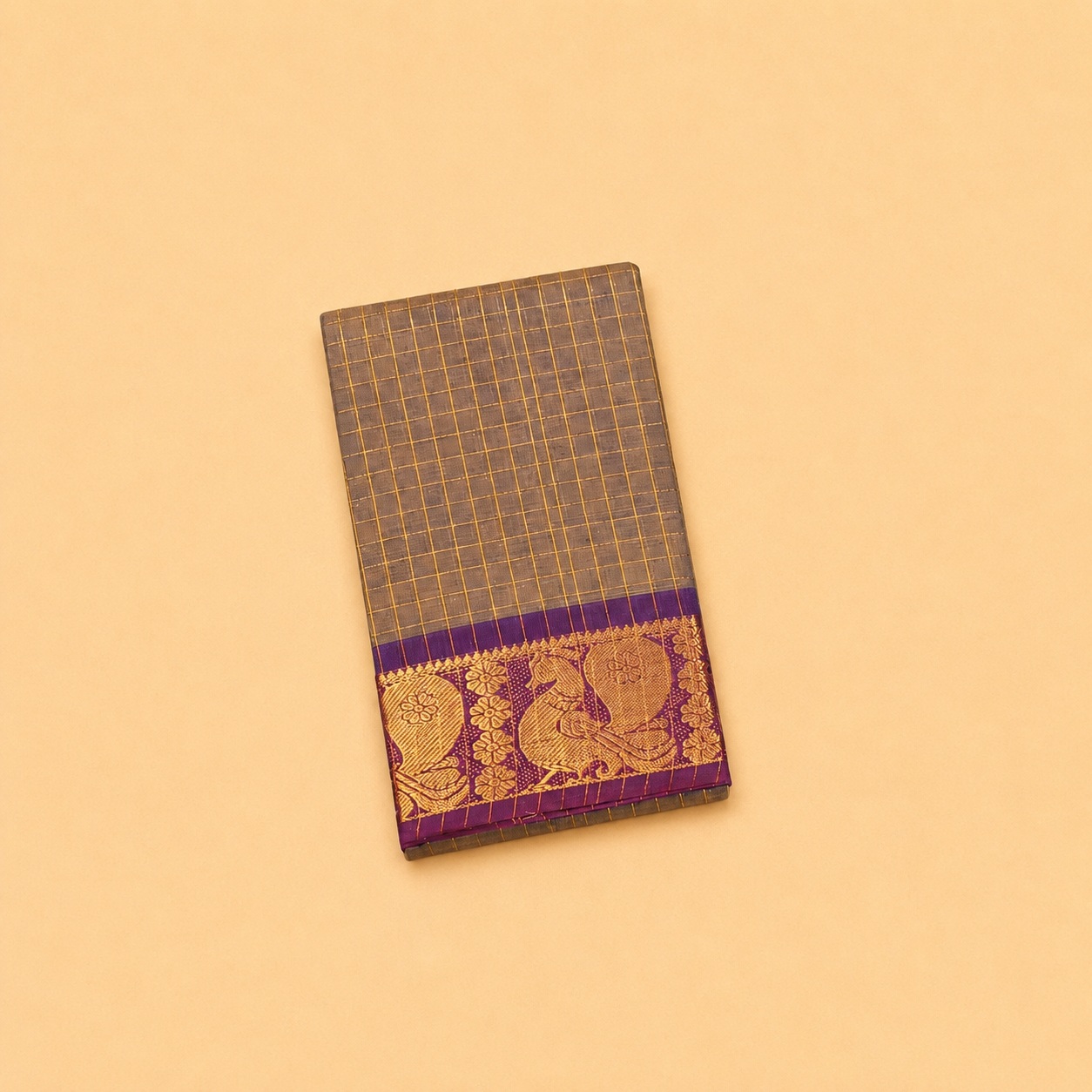 Ash Brown Checked Chettinad Cotton Saree with Purple Peacock Border