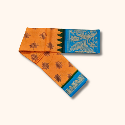 Mustard Yellow Soft Cotton Saree with Sky Blue Floral Jacquard Pallu