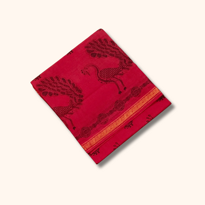 Deep Red Peacock Print Cotton Saree