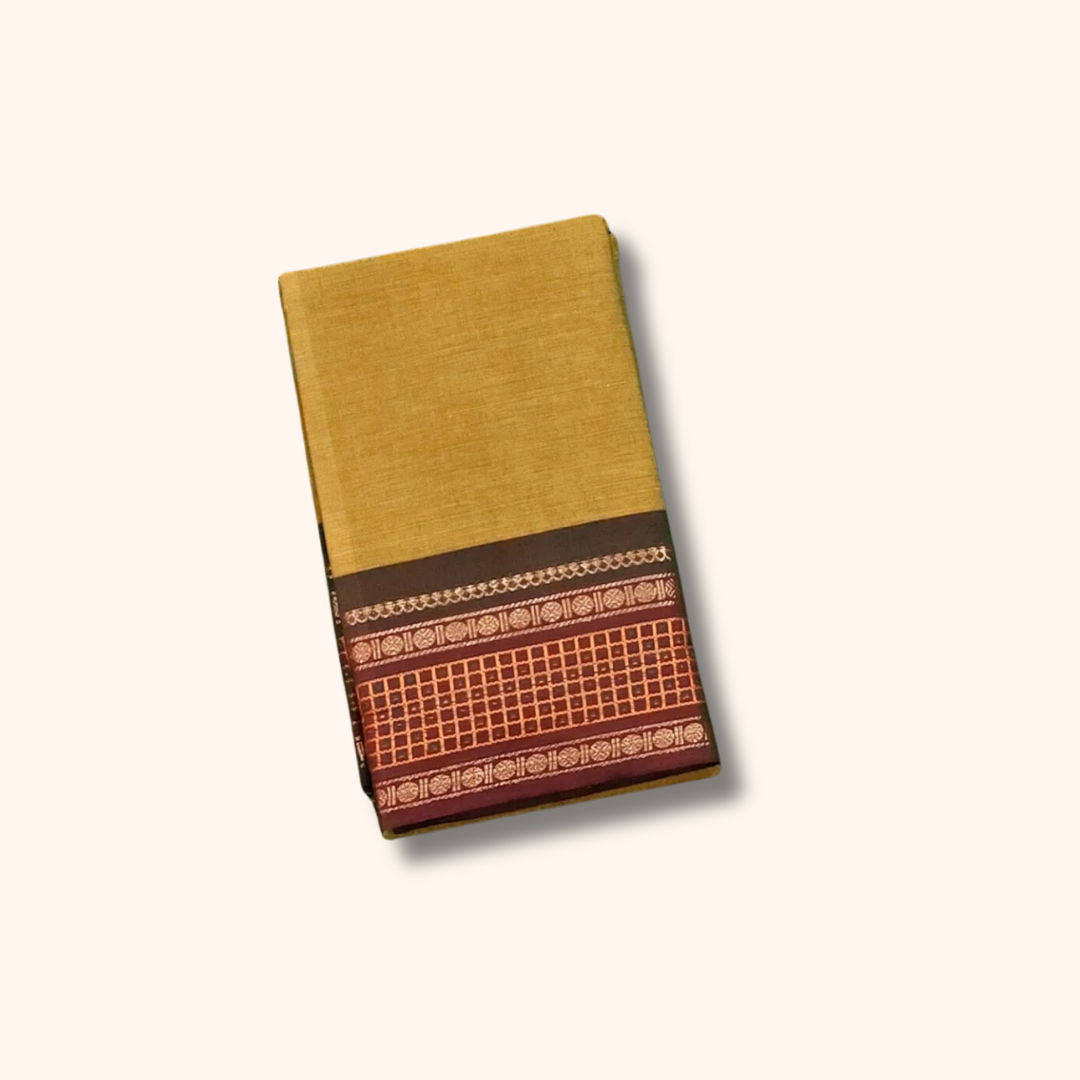 Mustard Yellow Chettinad Cotton Saree with Maroon Traditional Border