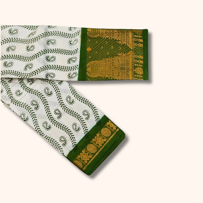 White Paisley Cotton Saree with Green Temple Zari Border