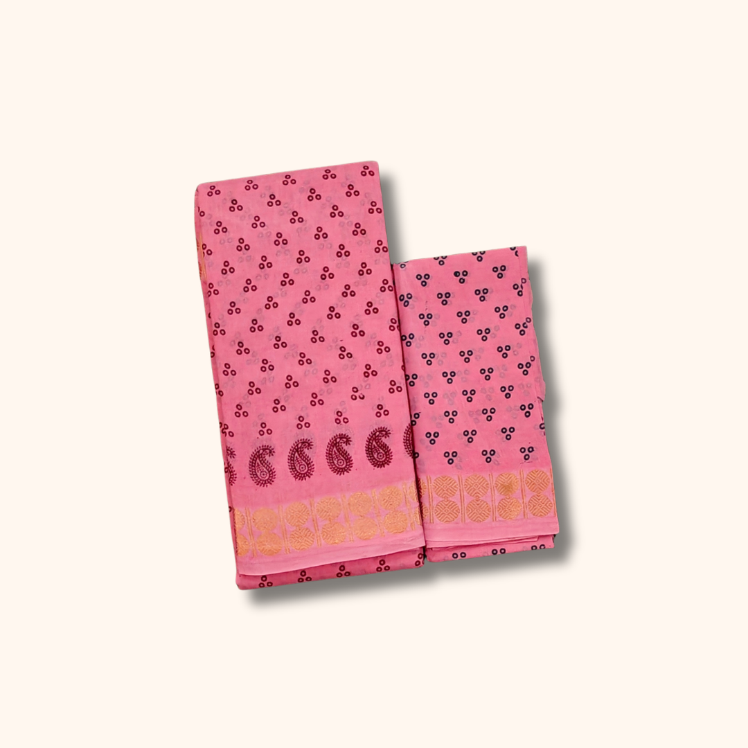 Pink Printed Cotton Saree with Contrast Border & Matching Blouse Piece