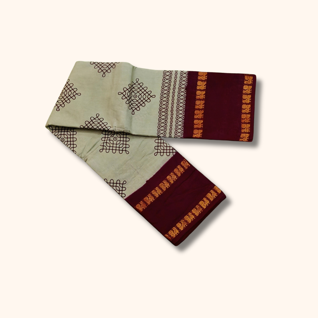 Pastel Green Sungudi Cotton Saree with Maroon Traditional Border – Running Blouse