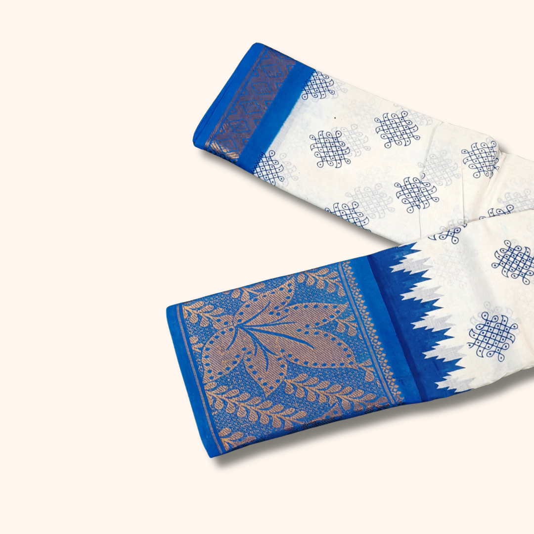 Off-White Sungudi Cotton Saree with Royal Blue Contrast Zari Border