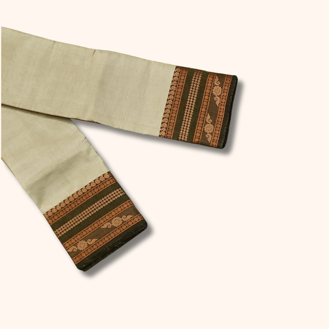 Cream Chettinad Cotton Saree with Olive Green Temple Border