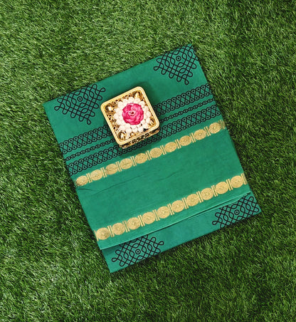 Emerald Green Kolam Design Sungudi Cotton Saree with Traditional Zari Border