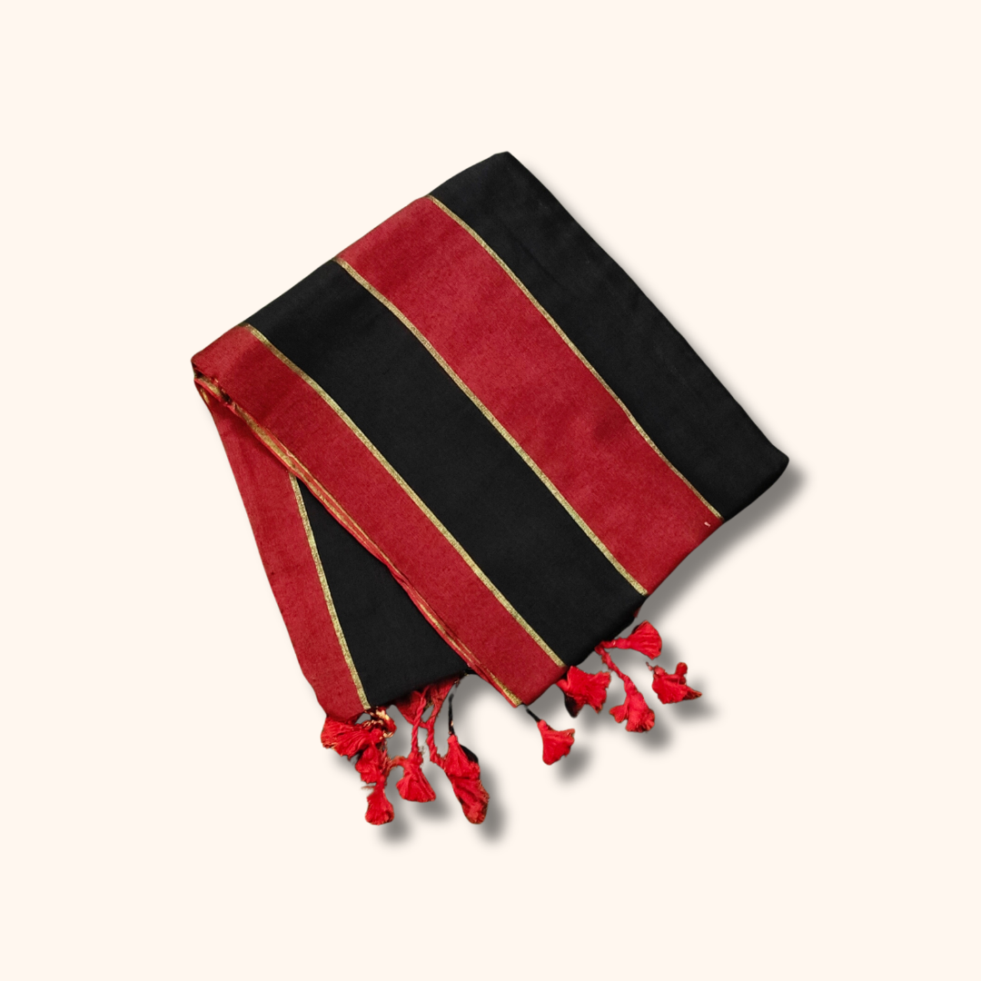 Mulmul Cotton Saree in Classic Black & Red Stripes with Tassel Pallu