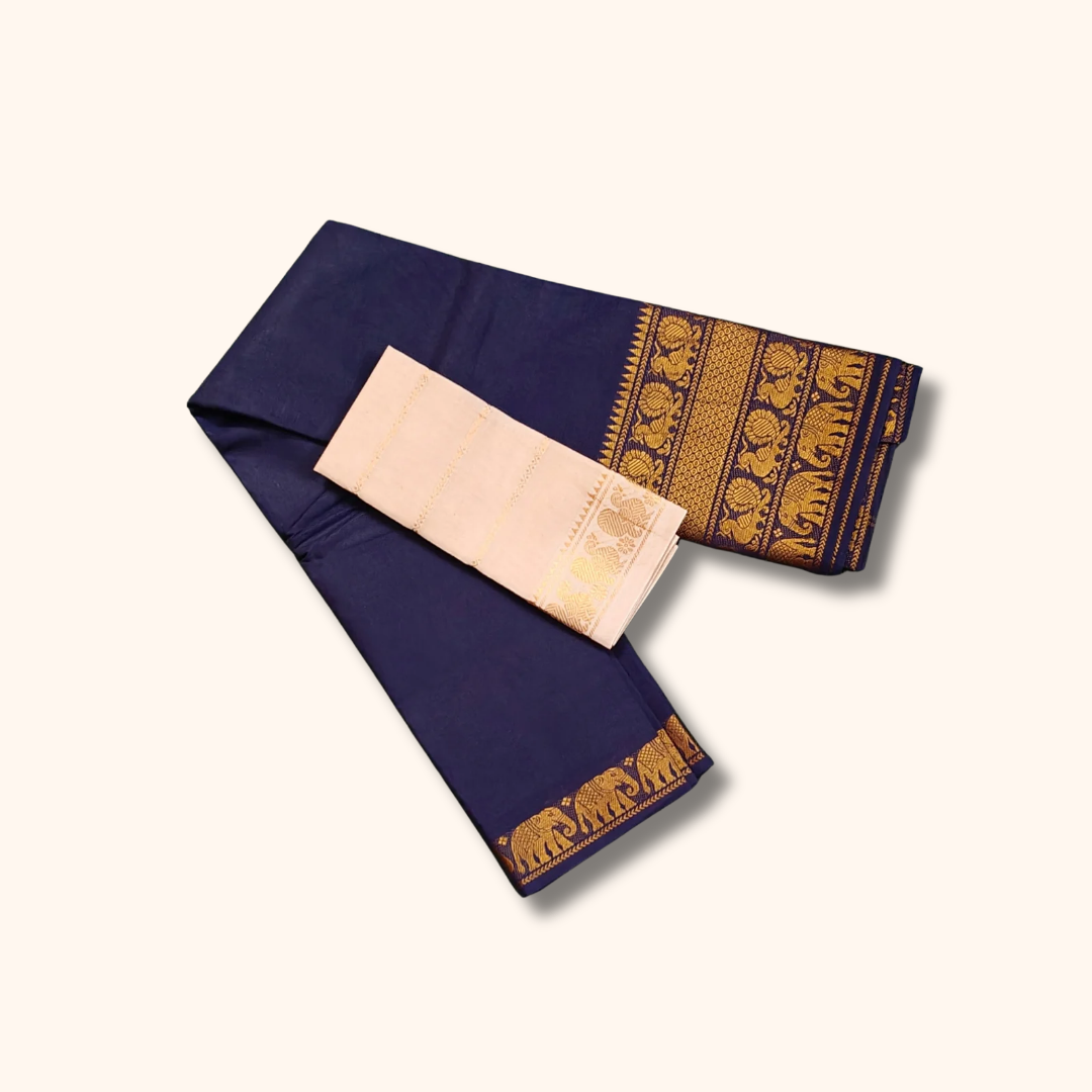 Navy Blue Pure Cotton Saree with Cream Contrast Blouse
