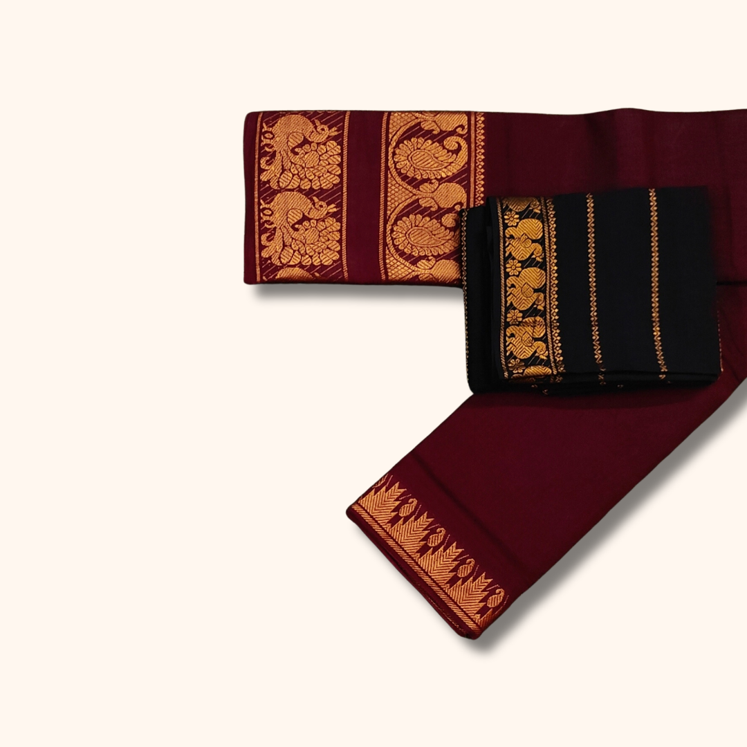 Authentic Sungudi Cotton Saree in Maroon with Rich Peacock Border