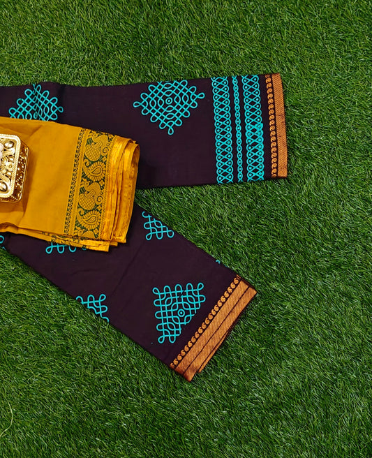 Dark Coffee Brown Sungudi Cotton Saree with Turquoise Kolam Motifs & Mustard Contrast Blouse