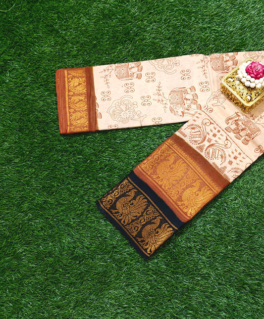 Beige Sungudi Cotton Saree with Traditional Print & Double Contrast Border