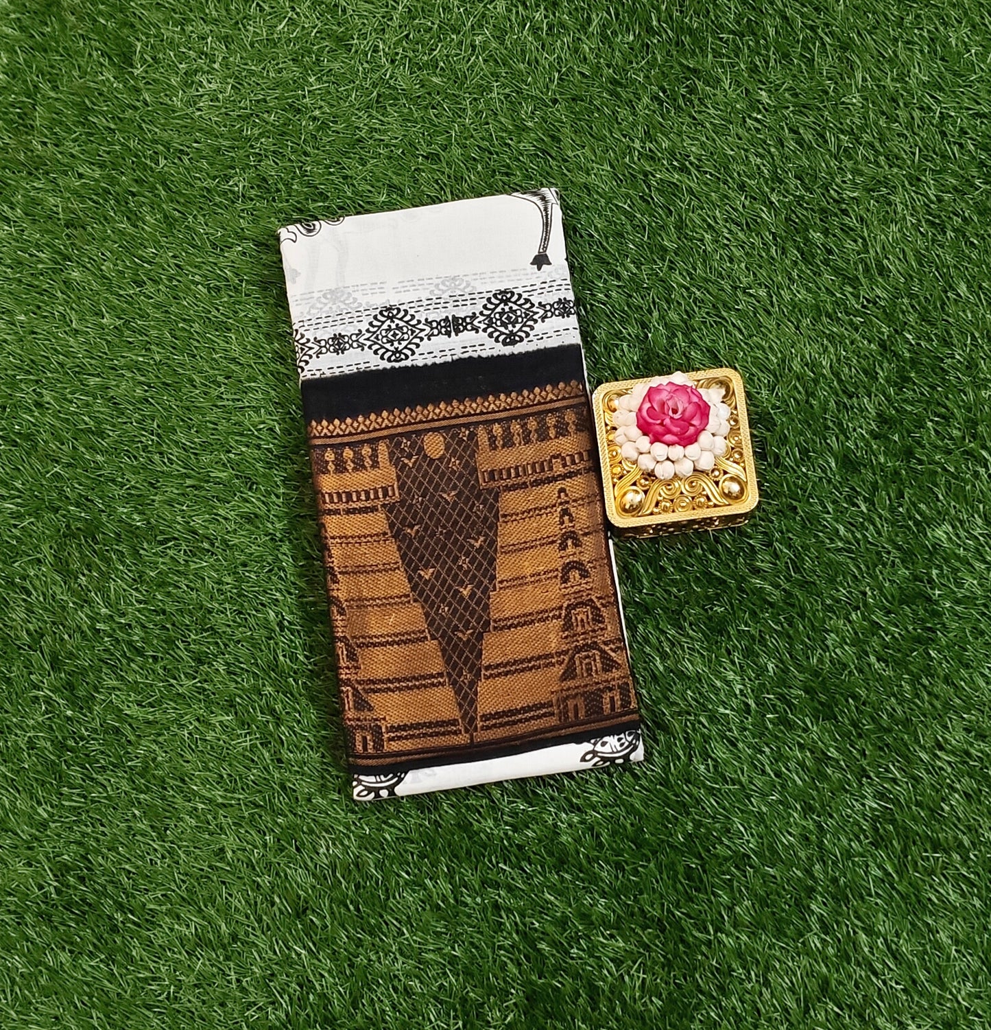Attractive Off White Sungudi Cotton Saree with Black Motifs & Temple Zari Border