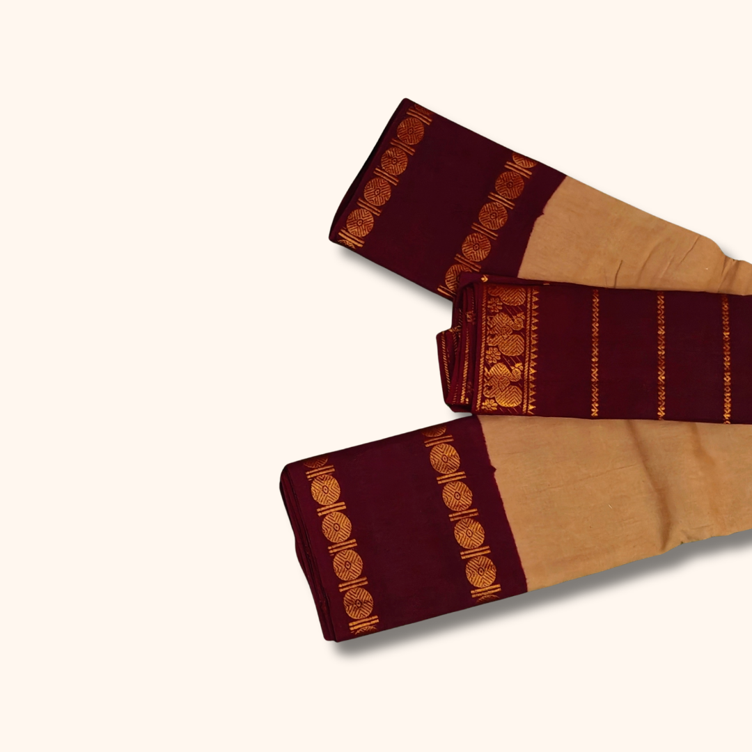 Beige & Maroon Sungudi Cotton Saree with Traditional Zari Border – Separate Blouse