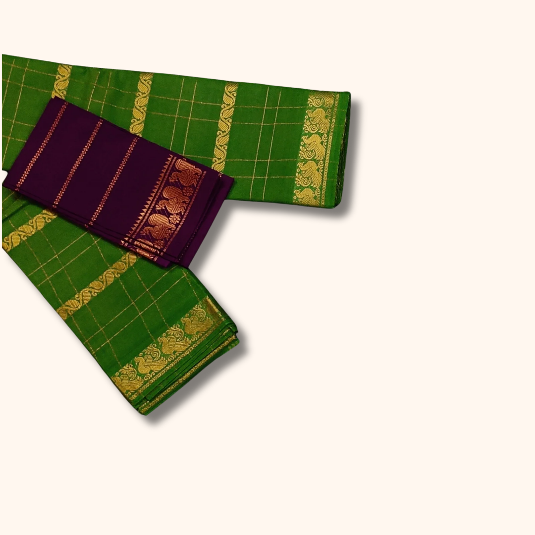 Green Cotton Saree with Gold Zari Checks & Peacock Border – Purple Blouse Piece