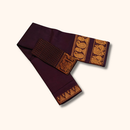 Dark coffee brown Cotton Saree with Gold Zari Peacock Border & Matching Separate Blouse Piece