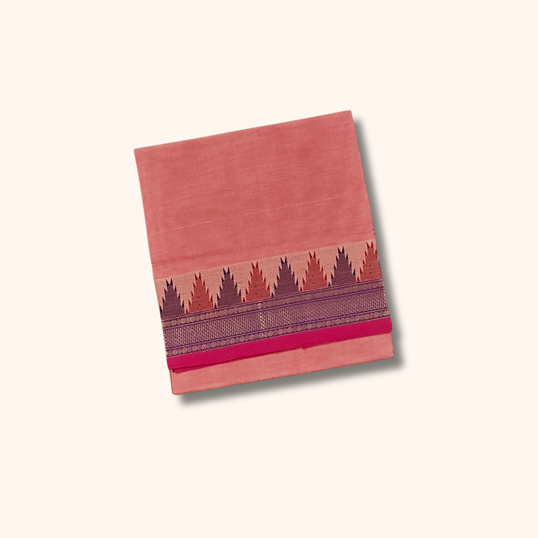 Peach Chettinad Cotton Saree with Pink Temple Border