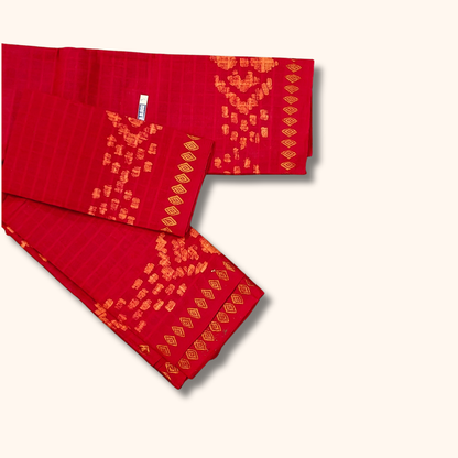 Ruby Red Sungudi Cotton Saree with Traditional Batik Border & Matching Blouse Piece