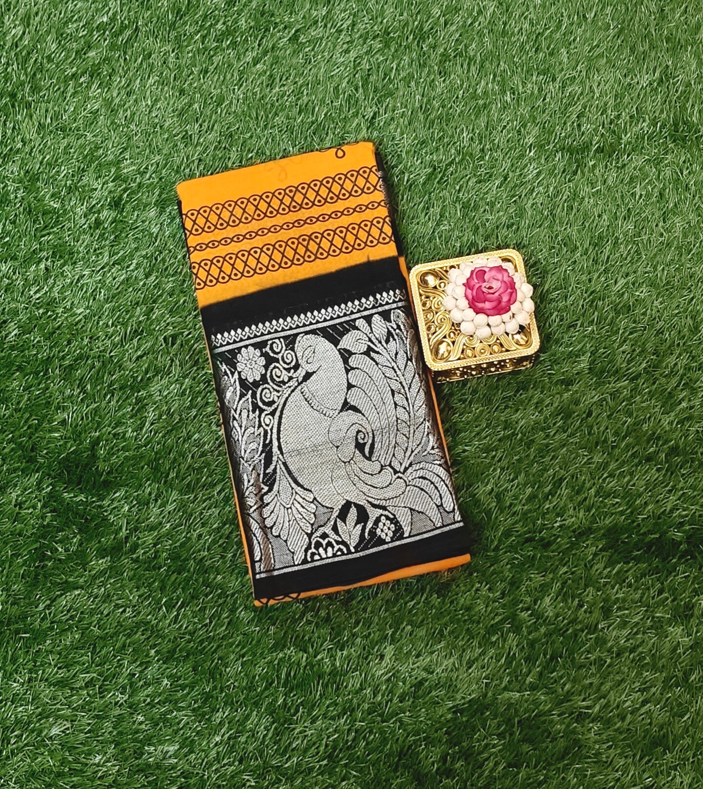 Bright Orange Kolam Design Sungudi Cotton Saree with Dark Blue Swan Border