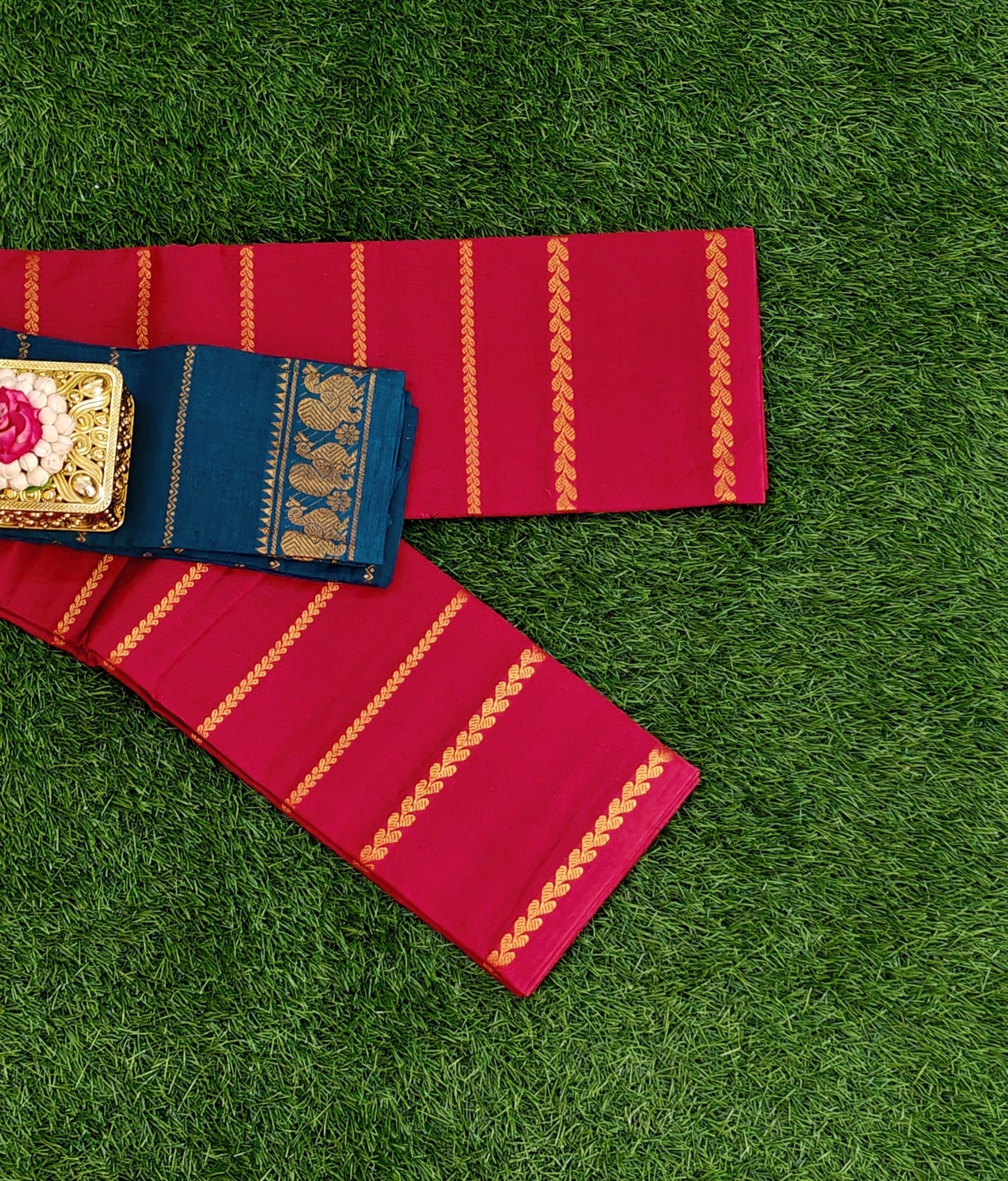 Classic Red Cotton Saree with Zari Stripes & Contrast Teal Blue Blouse