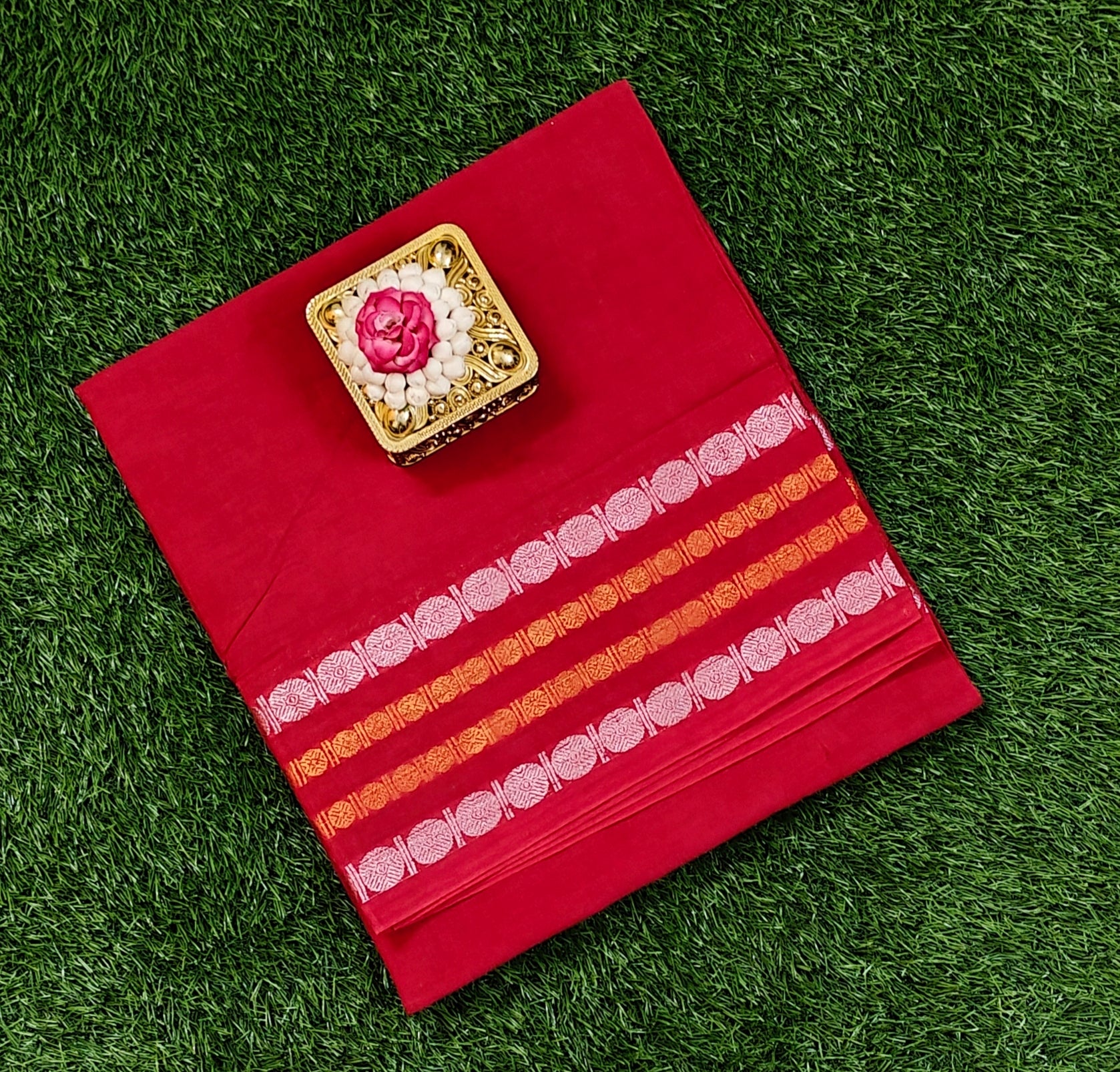 Brick Red Sungudi Cotton Saree with Silver & Gold Striped Border