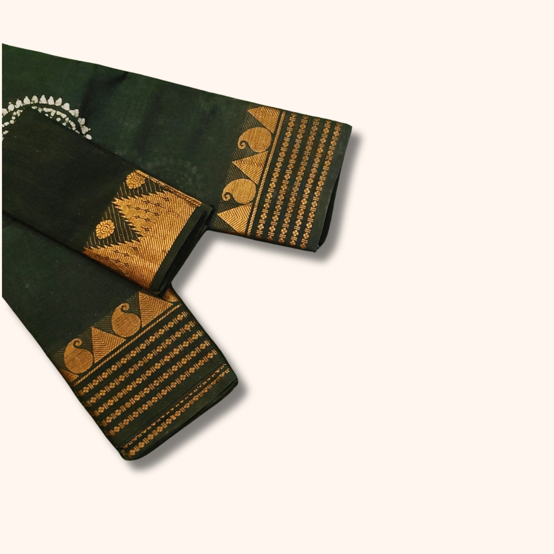 Dark Olive Green Sungudi Cotton Saree with Traditional Gold Zari Border & Matching Blouse Piece