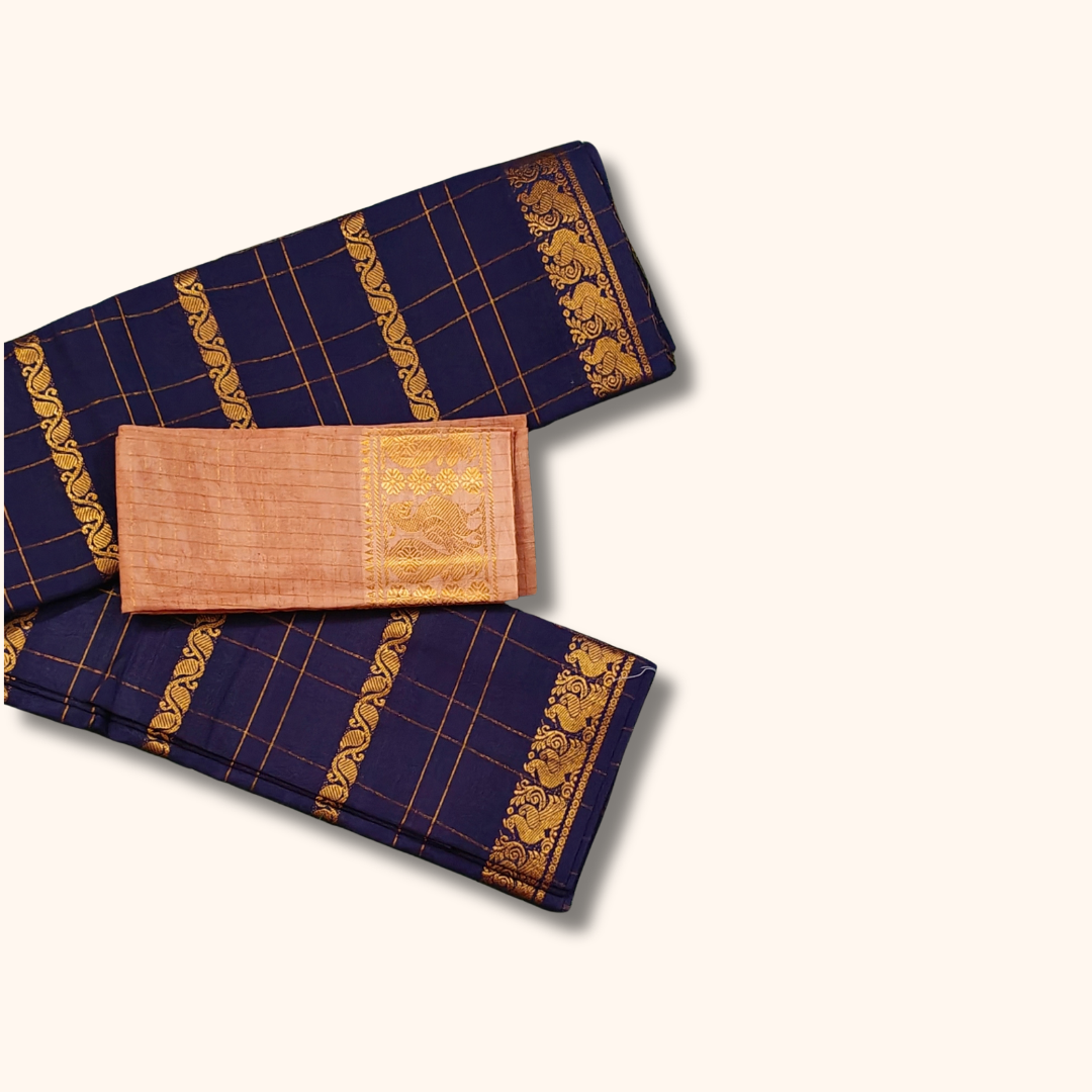 Navy Blue Pure Sungudi Cotton Saree with Gold Zari Checks & Peacock Border
