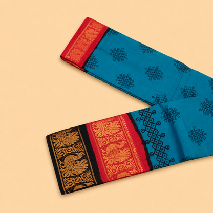 Turquoise Blue Printed Cotton Saree with Dual-Tone Designer Border