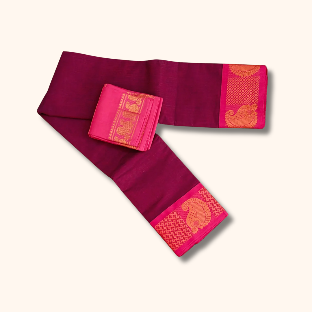Maroon Chettinad Cotton Saree with Peacock Zari Border & Separate Blouse Piece