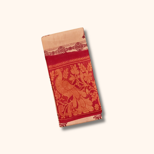 Beige Cotton Saree with Peacock Motifs & Rich Red Peacock Border