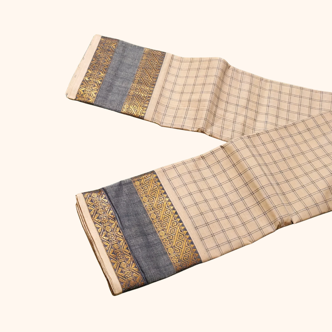 Cream Checked Chettinad Cotton Saree with Grey colour Border