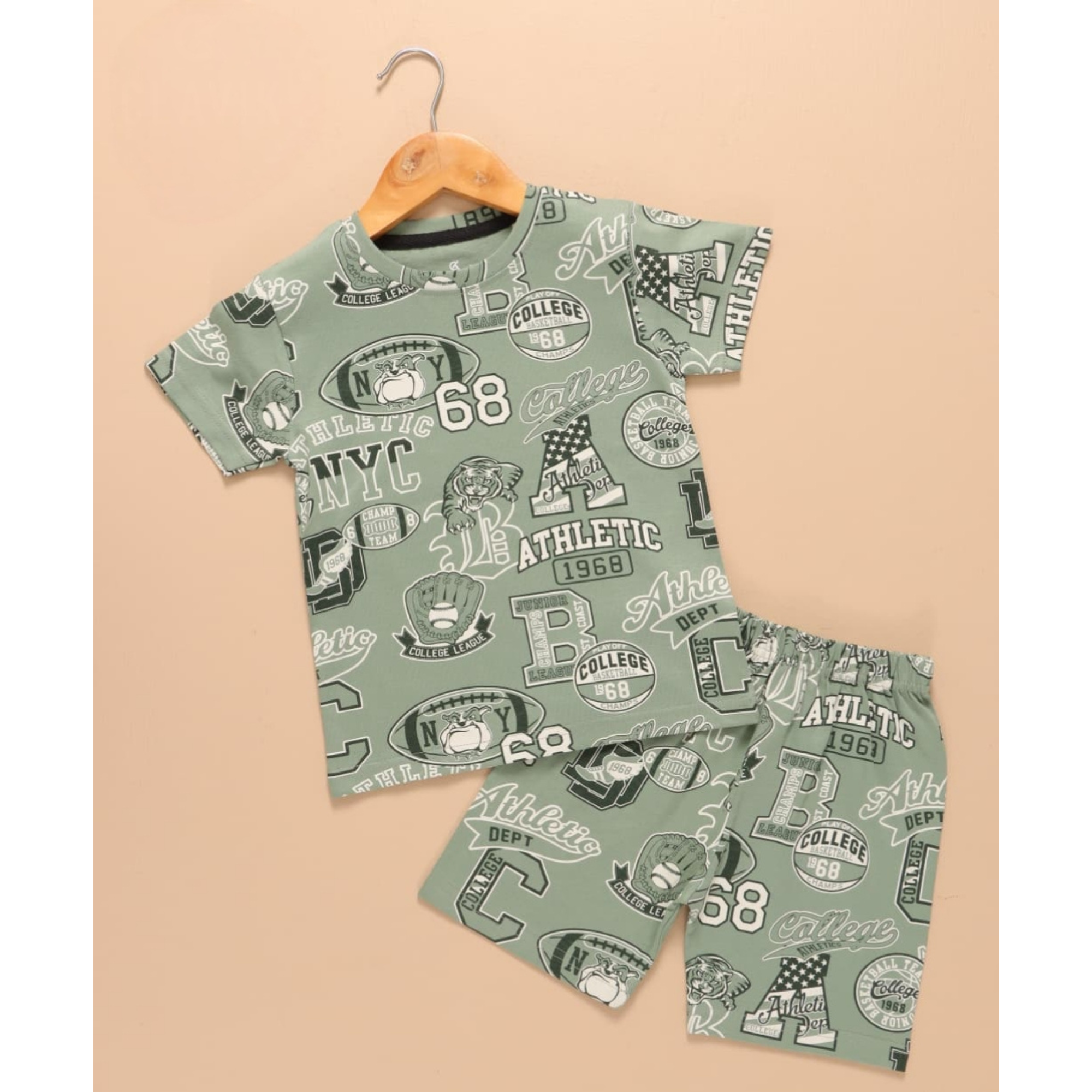 Kids Unisex Pure Cotton T-Shirt & Shorts Set – College Athletic Print (Sage Green)