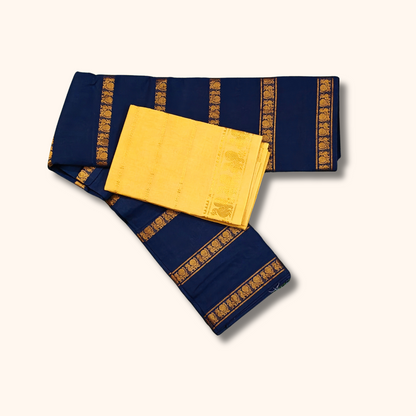 Navy Blue Cotton Saree with Gold Zari Border & Separate Blouse