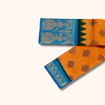 Mustard Yellow Kolam Cotton Saree with Sky Blue Dancing Girl Zari Border