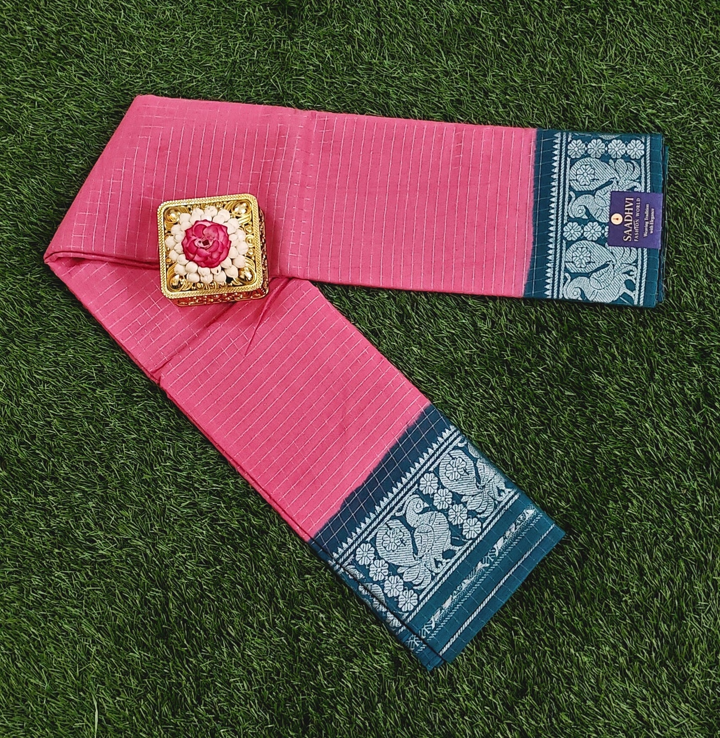 Pink Sungudi Cotton Saree with Peacock Motif Border