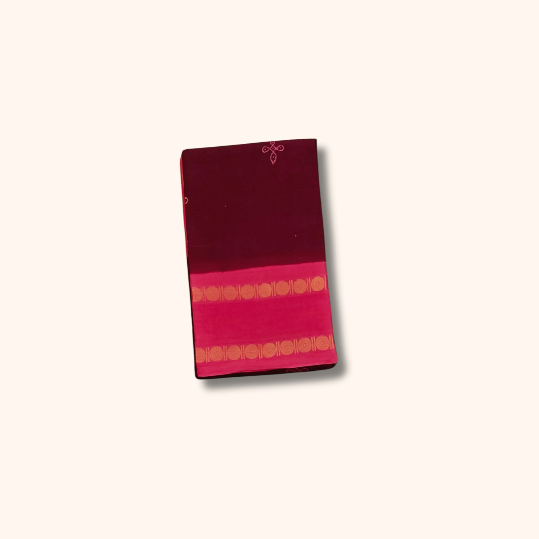Maroon Cotton Saree with Pink Border – Running Blouse