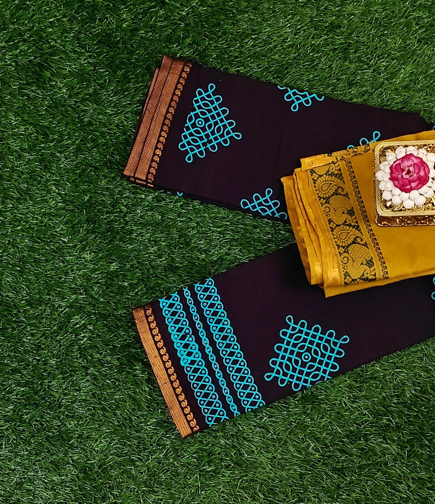 Dark Coffee Brown Sungudi Cotton Saree with Turquoise Kolam Motifs & Mustard Contrast Blouse