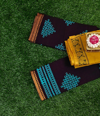 Dark Coffee Brown Sungudi Cotton Saree with Turquoise Kolam Motifs & Mustard Contrast Blouse