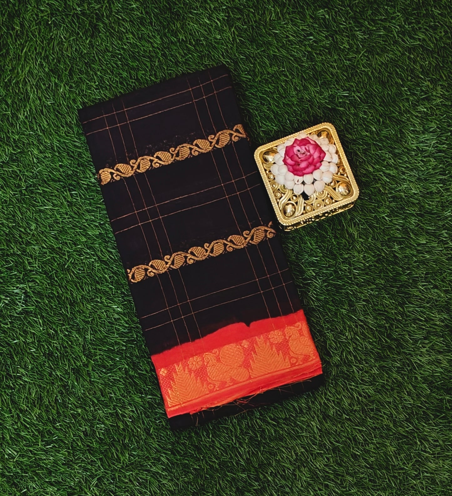 Black & Red Traditional Check Motif Cotton Saree