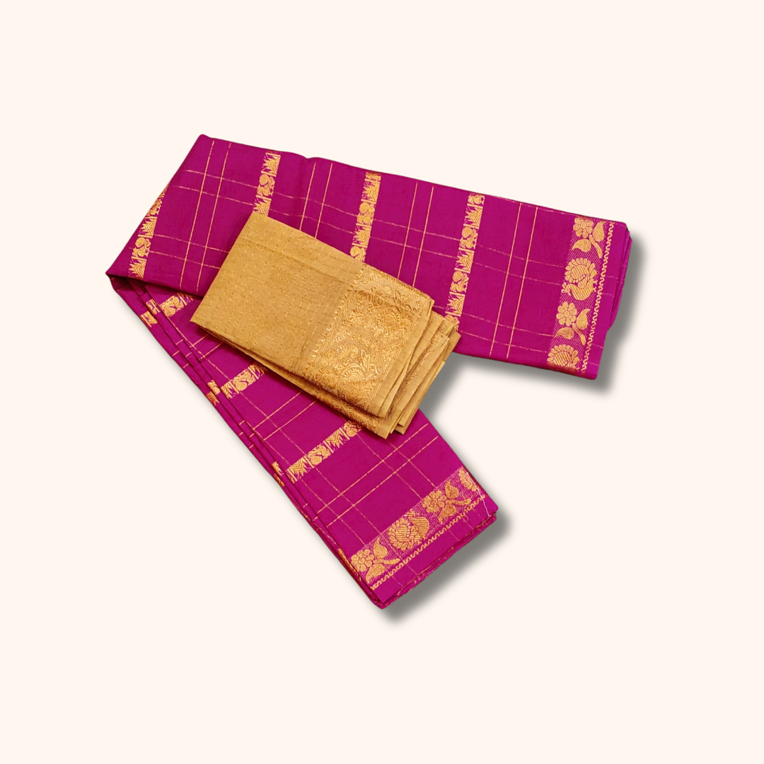 Magenta Pink Saree with Gold Zari Checks & Floral Border – Separate Blouse Piece