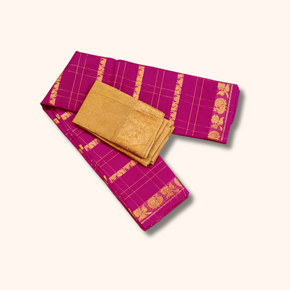 Magenta Pink Saree with Gold Zari Checks & Floral Border – Separate Blouse Piece